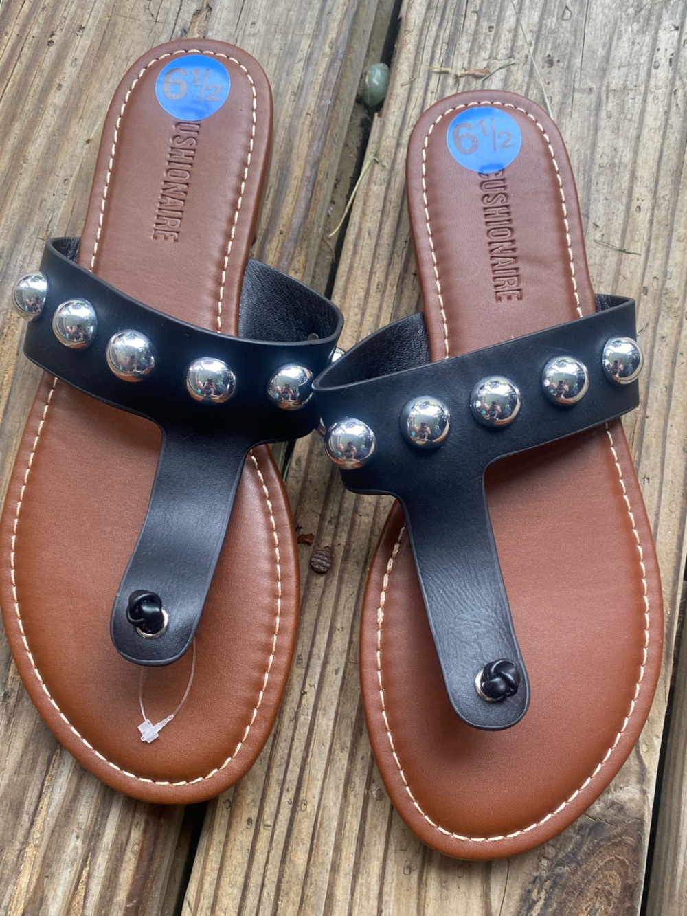 CUSHIONAIRE- Black Sandals with Silver Stud Accents